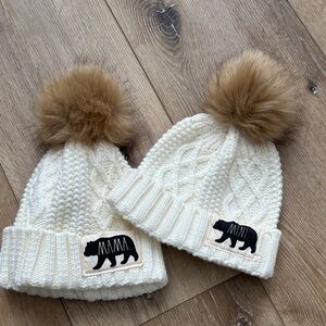 Rae Dunn White Knit Beanie Set with Tan Pom-Poms